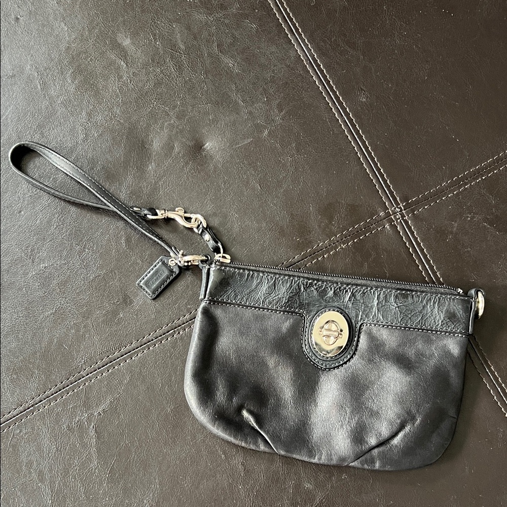 Coach Black Leather Wristlet with Silver Accents
